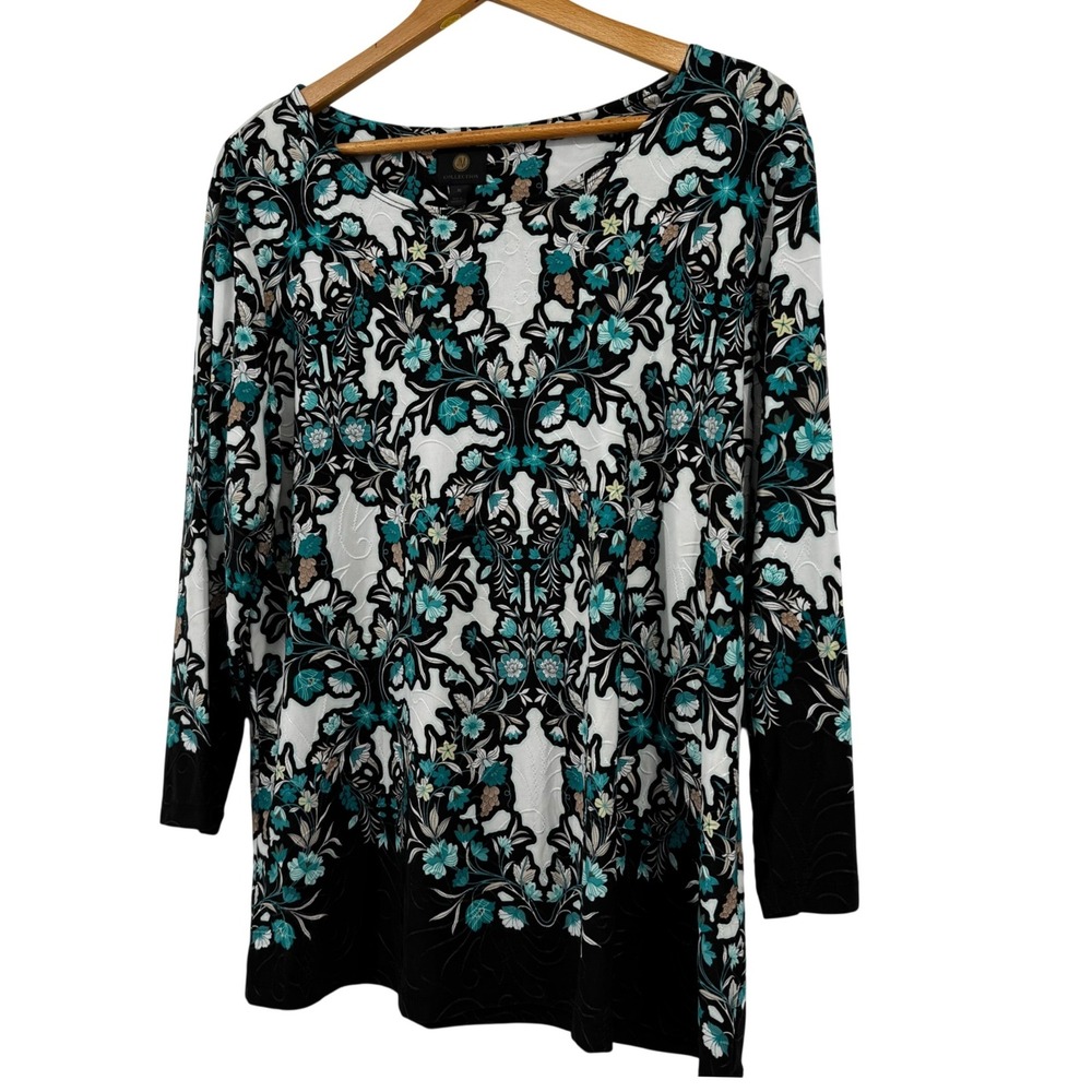 JM Collection Womens XL Teal Black Floral Paisley Jacquard 3/4 Sleeve Top Chic